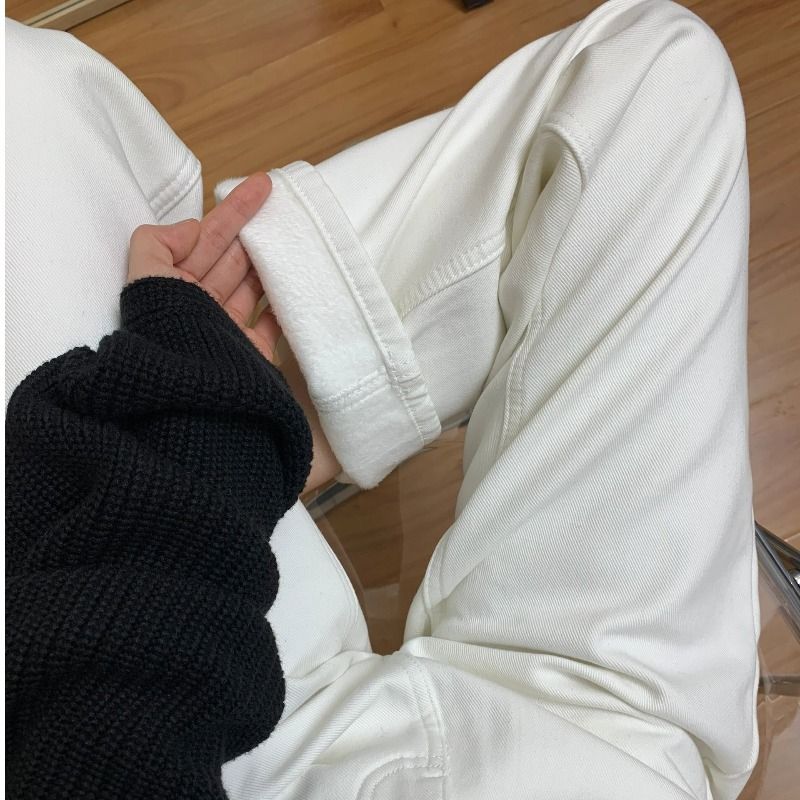 高个子加长版白色直筒牛仔裤女秋冬加绒高腰显瘦阔腿拖地裤