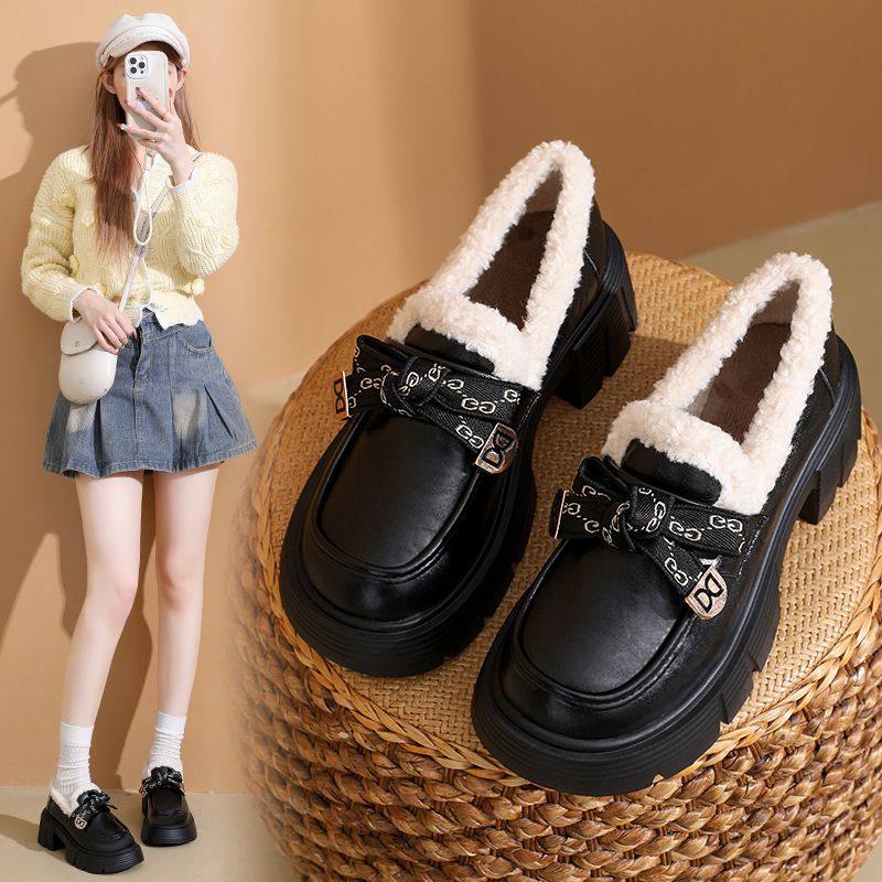加绒皮带扣乐福鞋女2025秋冬复古英伦风浅口一脚蹬JK制服小皮鞋女,女鞋,时尚雪地靴,淘宝优惠券,粉丝福利购,淘宝优惠卷