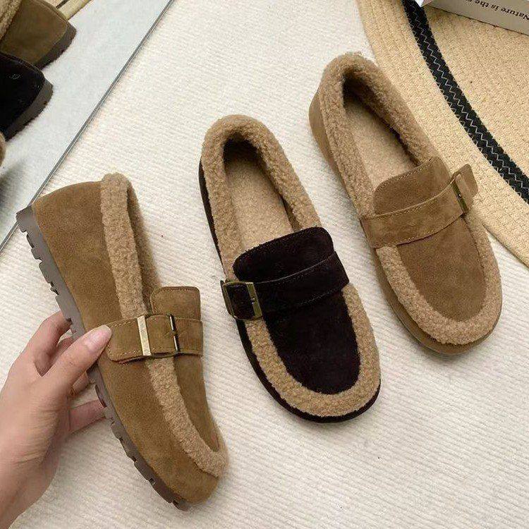 外穿保暖乐福鞋女2025新款平底豆豆鞋冬季加绒一脚蹬复古厚棉鞋女,女鞋,时尚雪地靴,淘宝优惠券,粉丝福利购,淘宝优惠卷