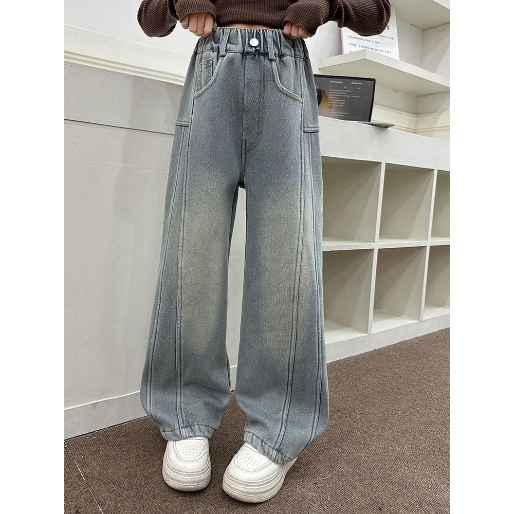 女童时髦窄版牛仔阔腿裤2025秋冬新款大童加绒加厚保暖直筒裤长裤