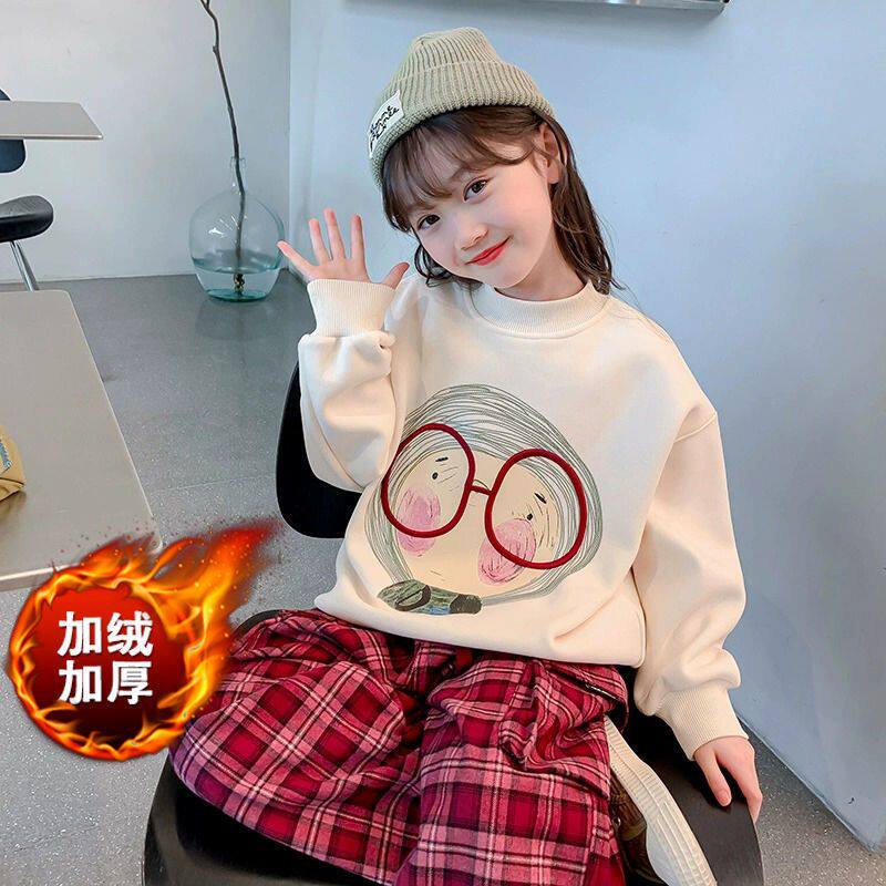 女童冬装加绒卫衣2026新款洋气儿童秋冬款加厚小女孩冬季圆领上衣