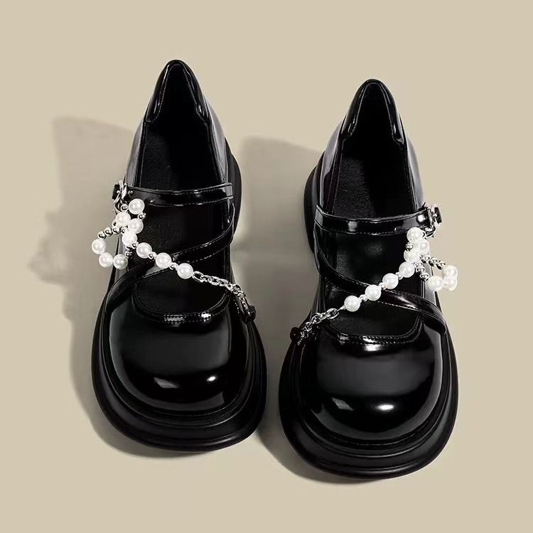 真皮甜酷厚底玛丽珍鞋新款夏学院风珍珠链条浅口小皮鞋女单鞋