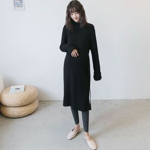 长袖 春秋孕妇装 休闲时尚 立领木耳边毛衣裙宽松大码 纯色毛衣裙 韩版