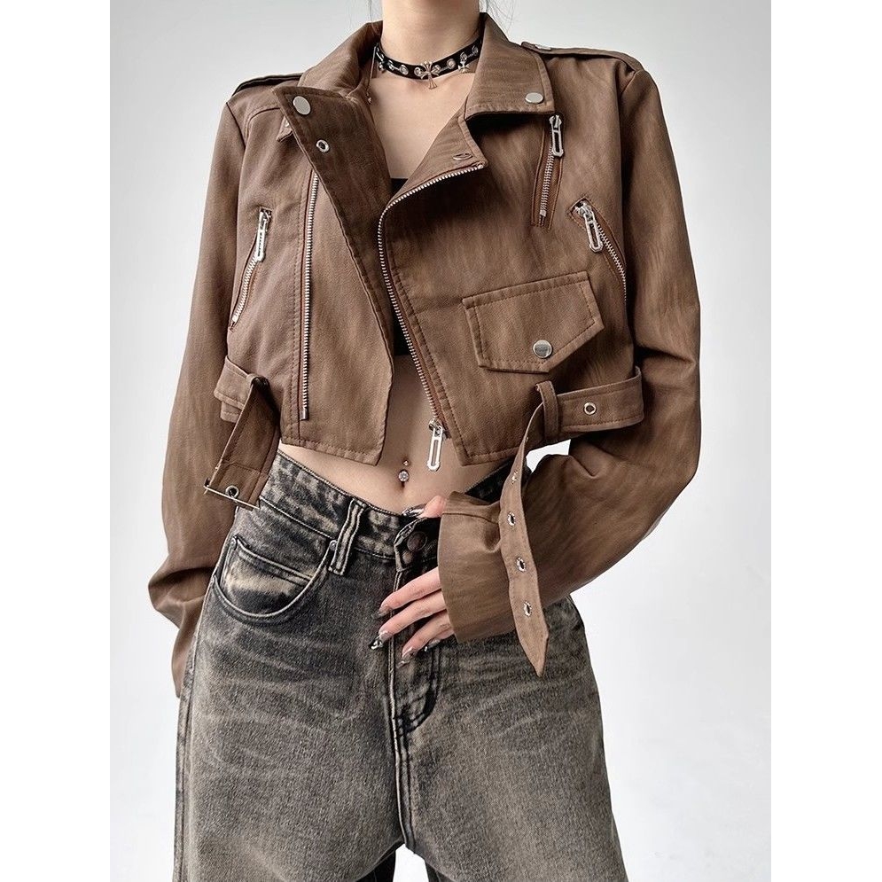 美式复古酷飒风皮衣外套女春秋街头时尚流行小个子宽松短款皮夹克