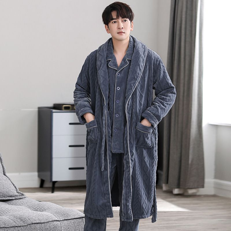 睡袍男冬季法兰绒三件套睡衣浴袍春秋冬款加绒加厚长袍晨袍可外穿
