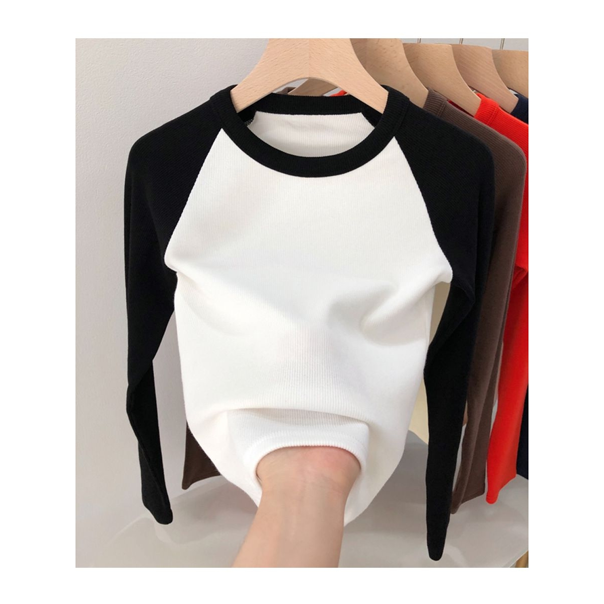 甄选优棉高弹螺纹2025秋冬装新款复古撞色插肩高腰长袖T恤女上衣