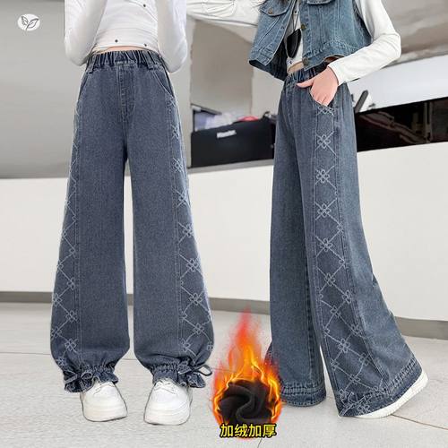 女童2025年秋冬新款百搭特种拉花加绒牛仔裤女大童户外保暖灯笼裤