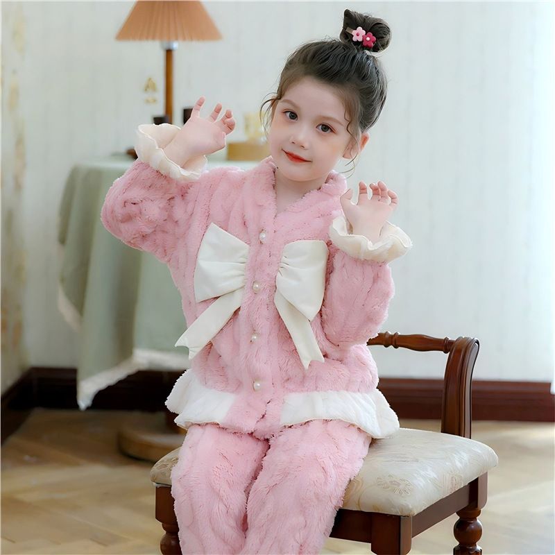 女童秋冬季睡衣法兰绒加绒加厚开衫儿童珊瑚女孩宝宝家居服套装