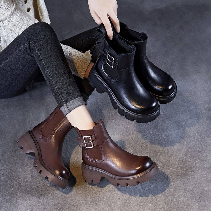 秋冬款复古真皮英伦切尔西靴女厚底小个子棕色皮带扣粗跟短靴,女鞋,马丁靴,淘宝优惠券,粉丝福利购,淘宝优惠卷