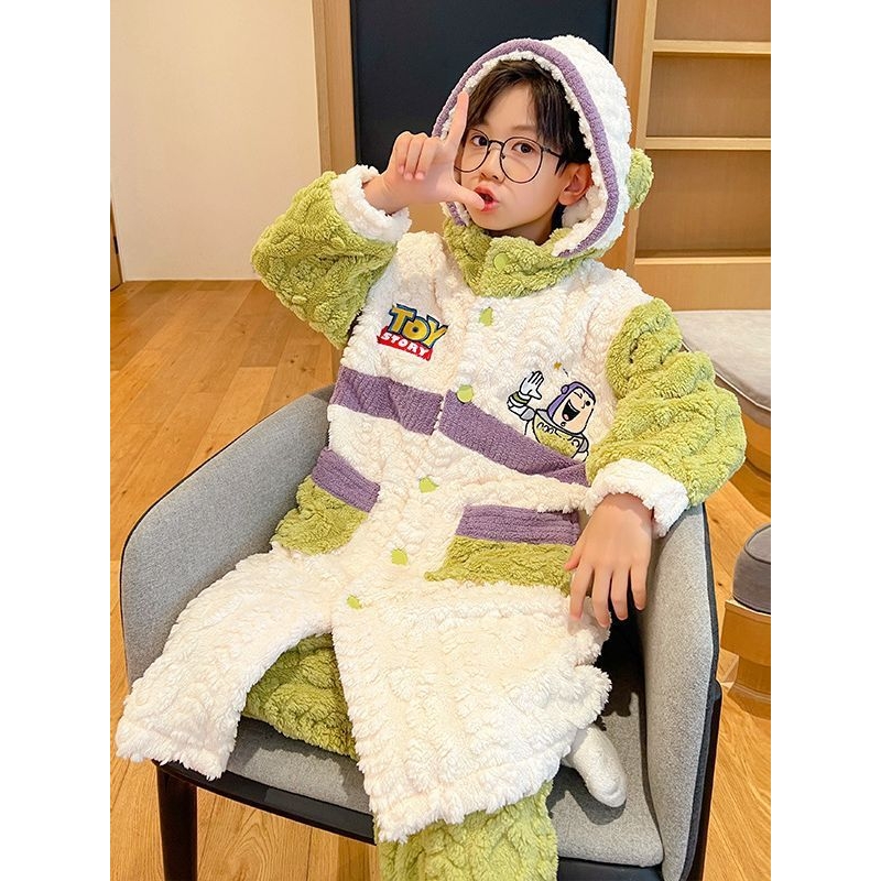 儿童睡衣男童秋冬季法兰绒睡袍加绒加厚款中长款家居服套装可外穿