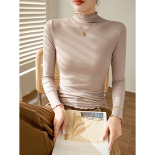 木耳卷边半高领打底衫女内搭长袖T恤2025秋冬新款桖修身显瘦上衣