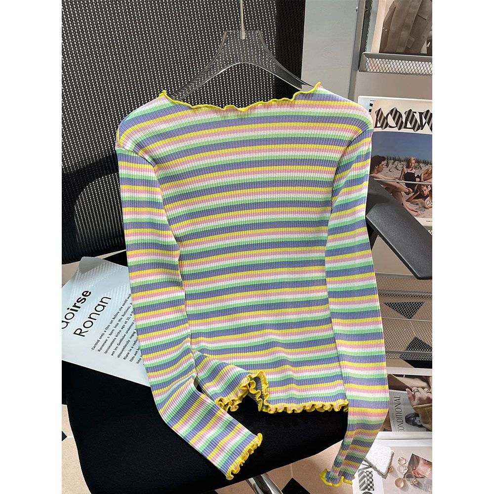 条纹t恤女长袖打底小衫年新款早春秋款修身显瘦纯棉内搭上衣