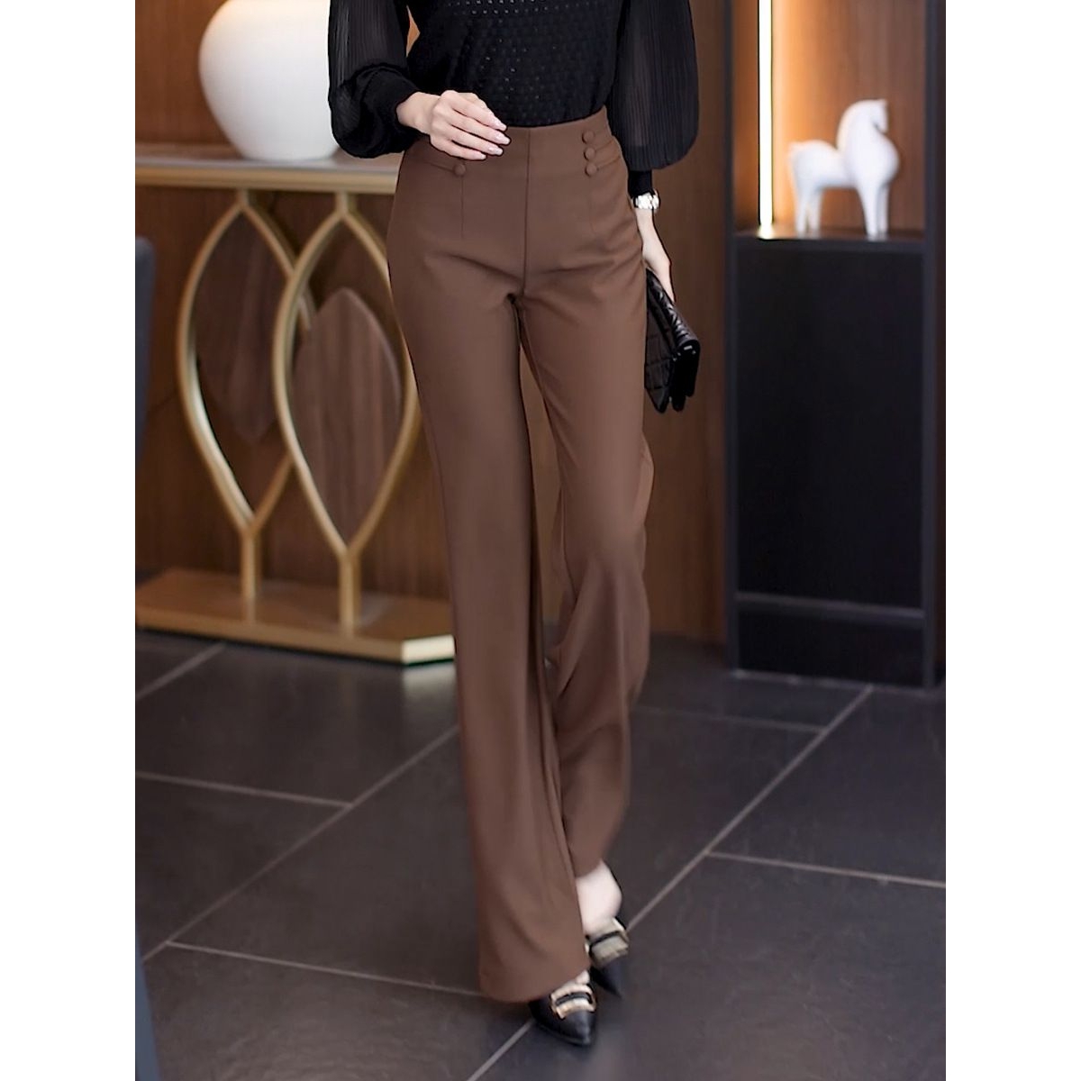 微喇裤女新款春秋新款高腰女裤宽松直筒西装裤喇叭裤初秋西裤