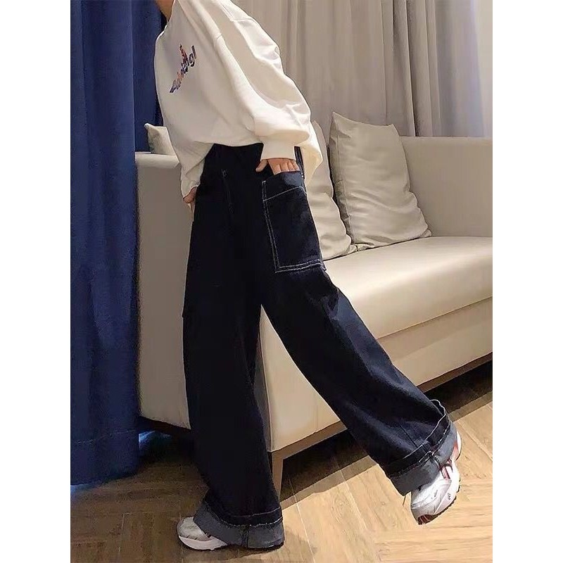 深蓝色阔腿牛仔裤女年秋冬新款高腰垂感宽松ins复古直筒裤潮