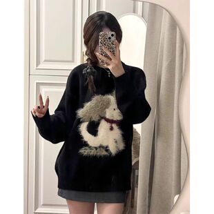 秋冬圆领套头黑色慵懒风毛衣女韩系软糯奶fufu宽松外穿针织衫上衣