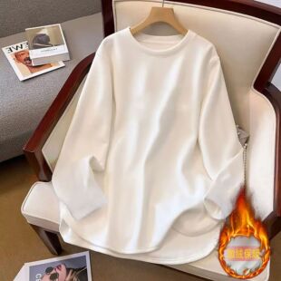 韩版宽松白色加绒开叉长袖T恤女春秋冬季新款休闲风中长款上衣潮