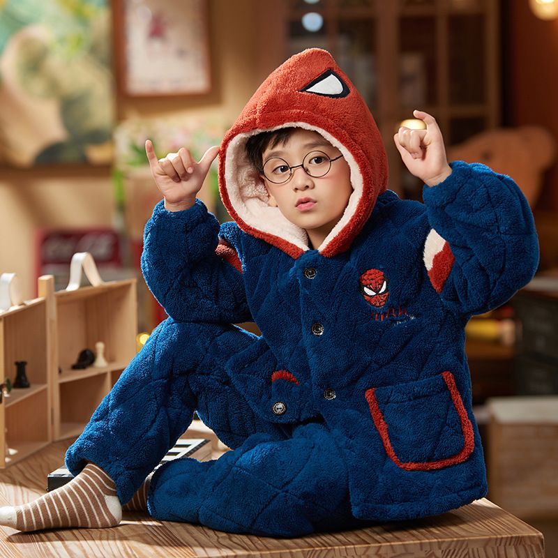 冬季法兰绒夹棉睡衣男孩三层加厚家居服加绒保暖套装珊瑚绒大儿童