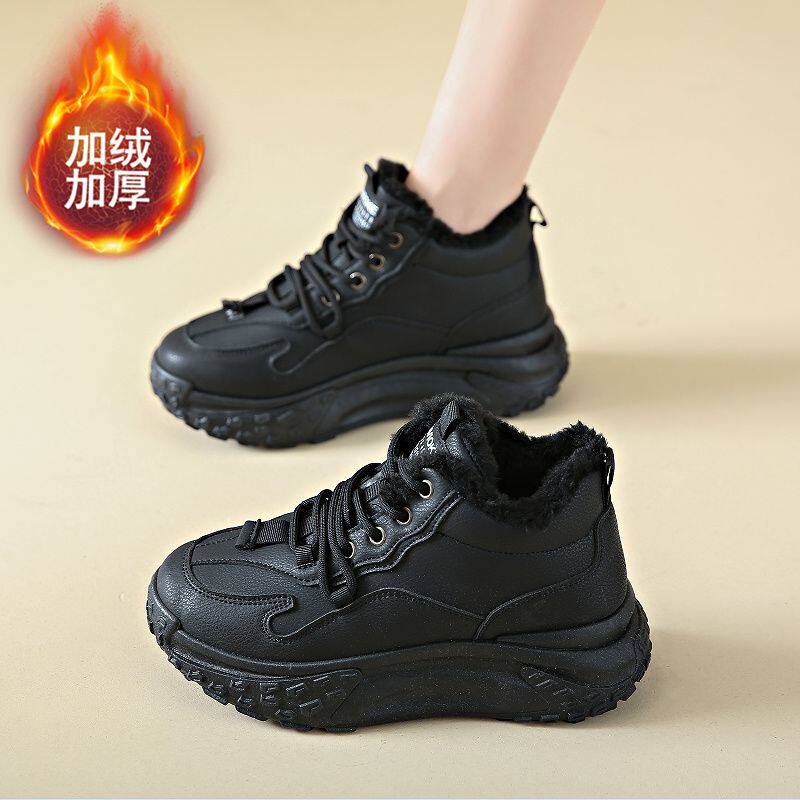 加绒黑色运动鞋女冬季新款皮面工作鞋不累脚休闲棉鞋