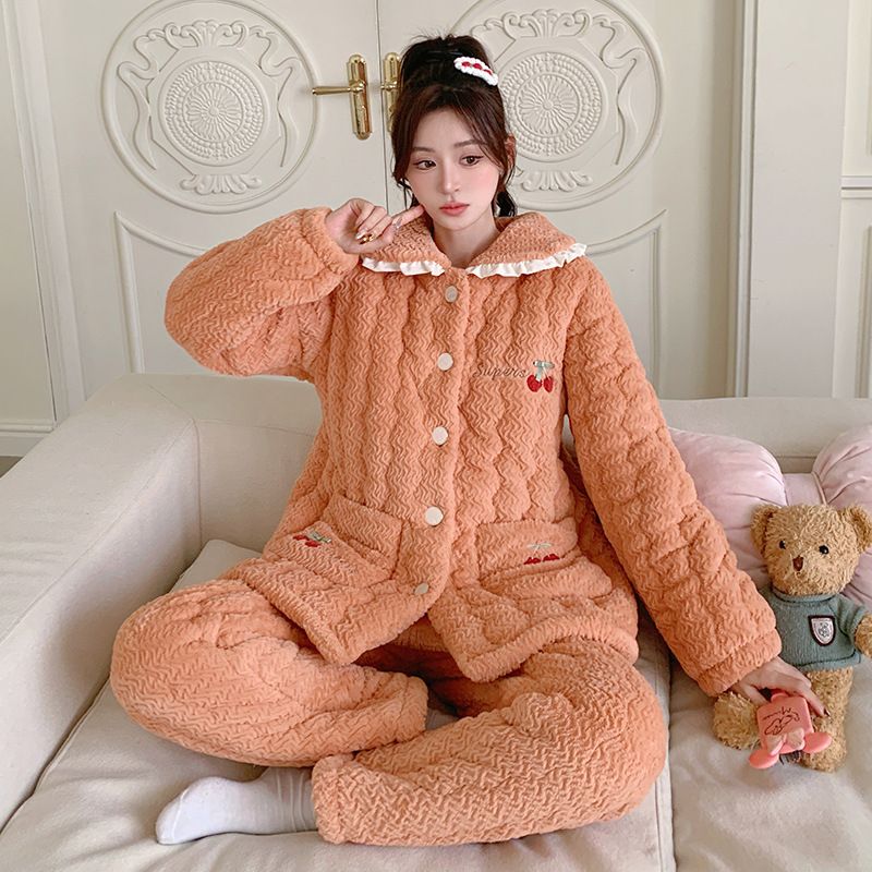 睡衣女冬季三层加厚加绒暖芙绒夹棉开衫翻领甜美可外穿家居服套装