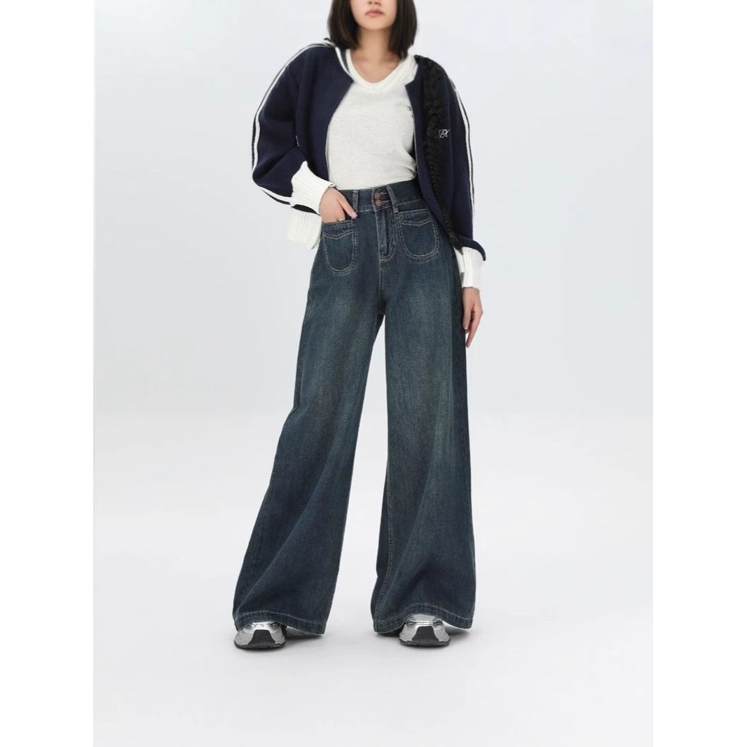 美式复古深蓝牛仔裤女秋冬新款宽松阔腿垂感高腰长裤