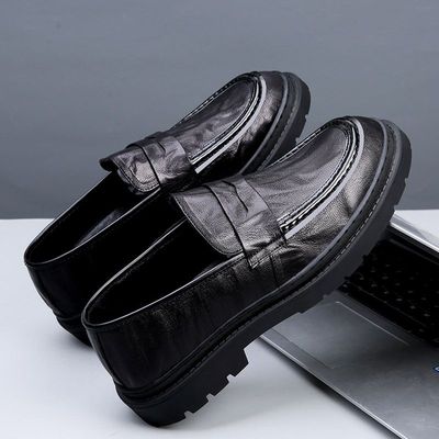 鞋子男皮鞋真皮百搭豆豆鞋黑色懒人潮鞋一脚蹬乐福鞋增高舒适百搭