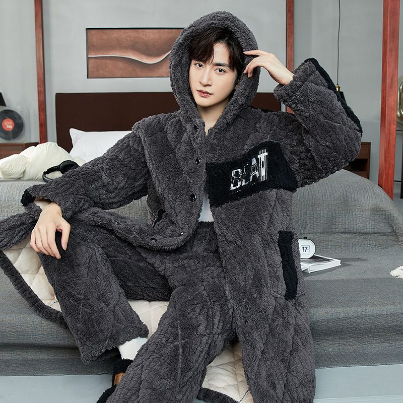 夹棉睡衣男冬季三层加厚加绒珊瑚绒保暖棉袄青年男生可外穿家居服