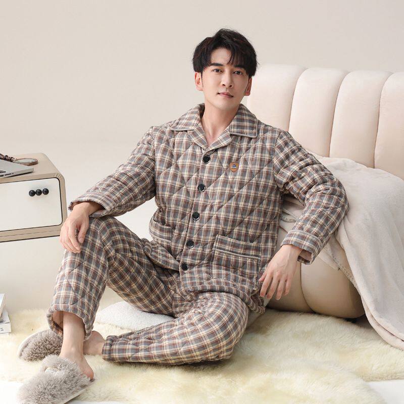 睡衣男冬季三层加厚加绒夹棉梭织纯棉格子中年男士家居服秋冬套装