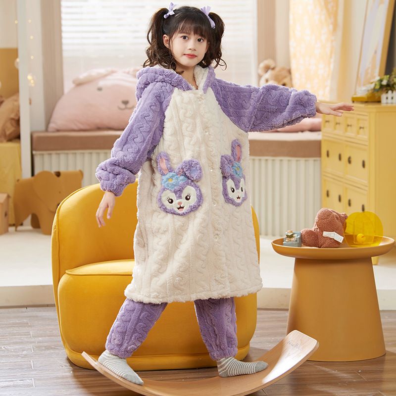 儿童睡袍女童睡衣珊瑚绒秋冬加绒加厚法兰绒家居服中长款亲子套装