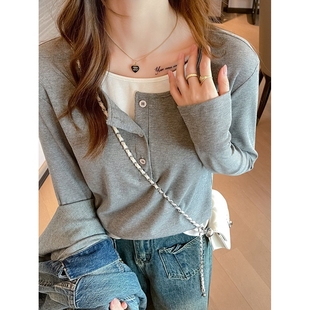 2025新款春秋季高级感上衣女假两件宽松长袖正肩t恤可外穿打底衫