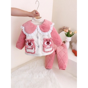 女童加绒加厚珊瑚绒三层夹棉套装 秋冬季 儿童睡衣女孩新款 冬款