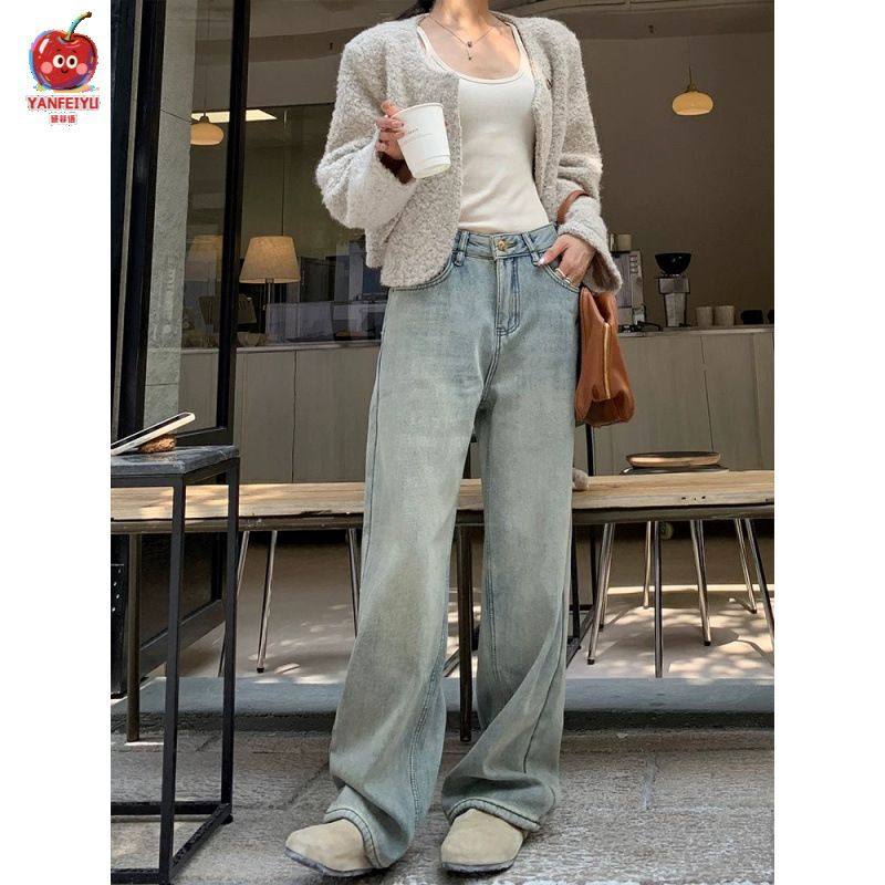 加绒加厚阔腿牛仔裤女冬季宽松直筒秋冬小个子2025新款加棉裤子女