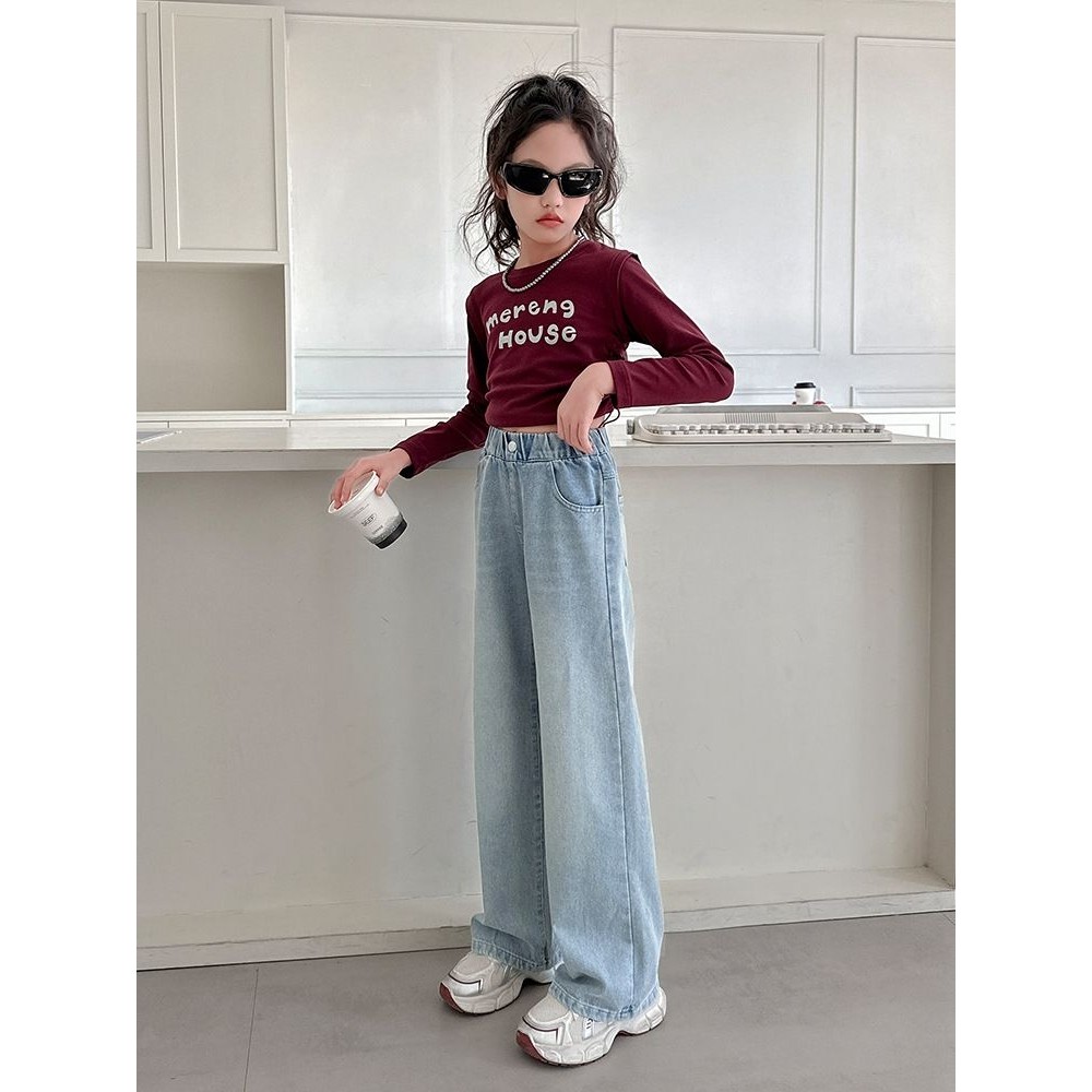 女童加绒裤子秋冬外穿2025新款中大童女孩直筒牛仔冬季儿童阔腿裤