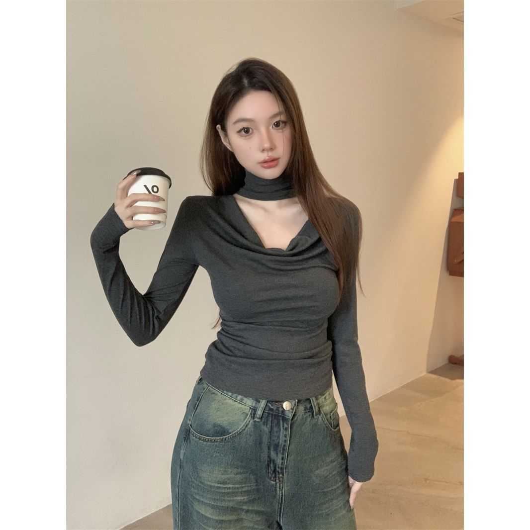 温柔纯欲风荡领镂空设计长袖T恤女秋冬韩系内搭外穿纯色挂脖上衣