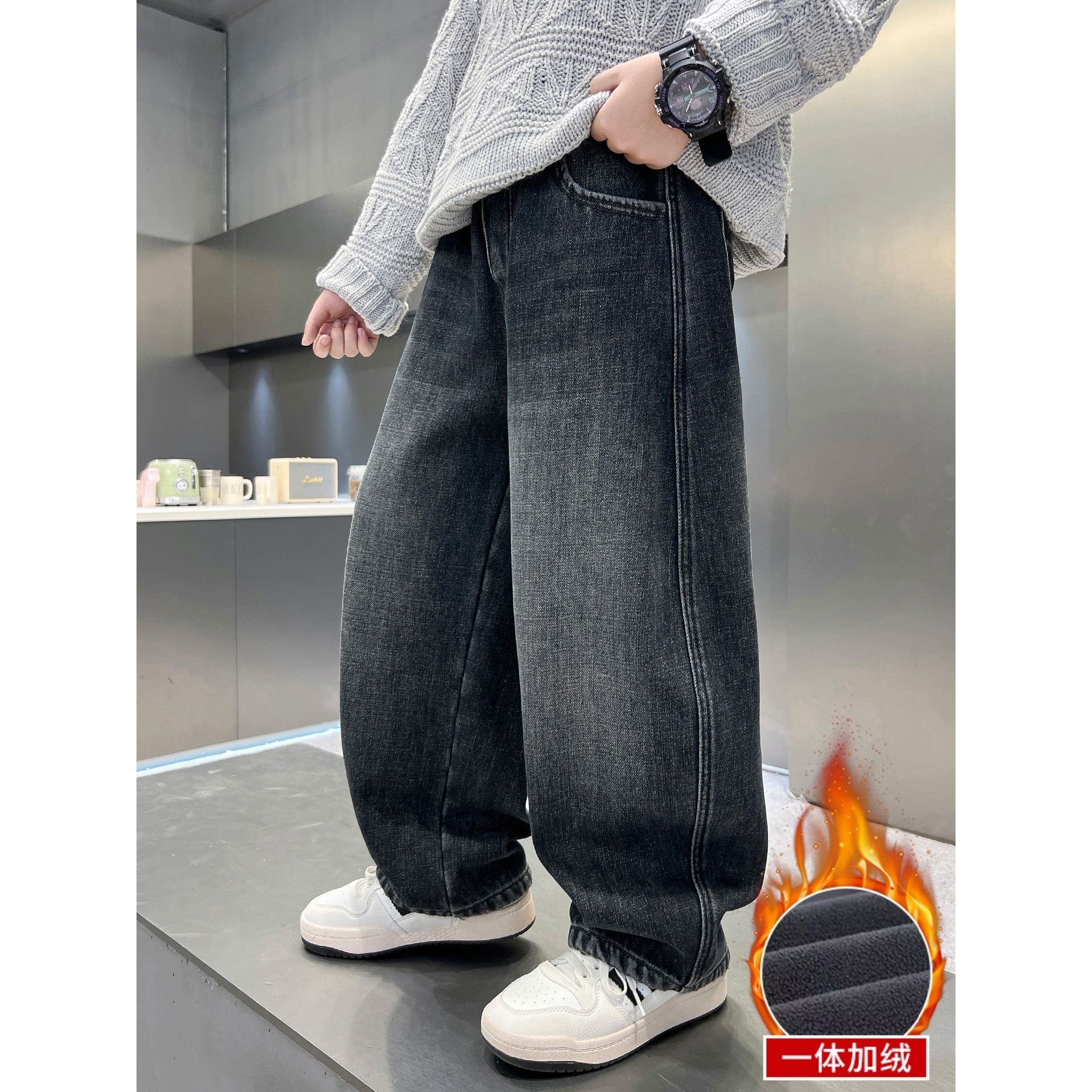 儿童装男童加绒裤子秋冬2025新款保暖男孩牛仔裤中大童冬装加厚潮
