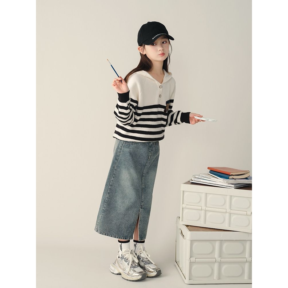 童装时尚2025上衣秋冬中大童连帽女童毛衣儿童针织衫条纹新款套头