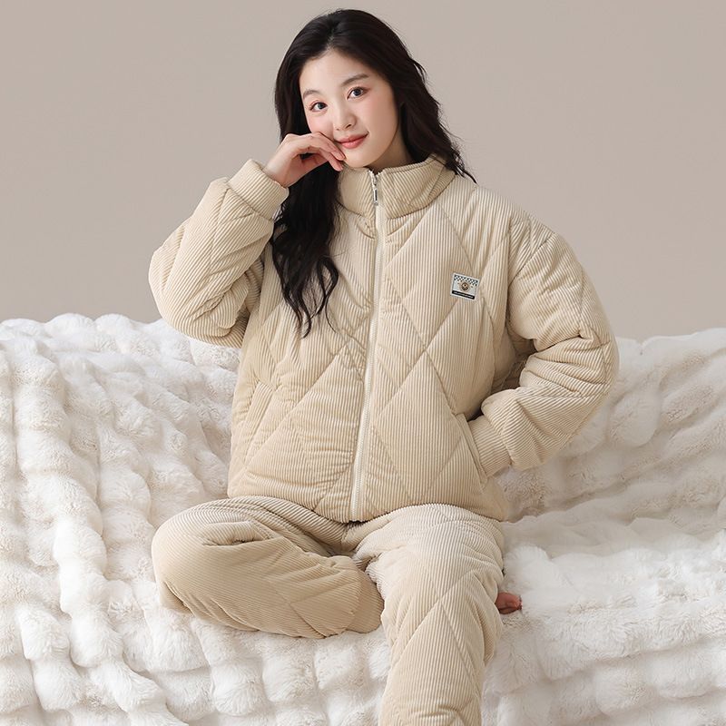 高领夹棉女睡衣冬季三层加厚加绒棉袄冬款珊瑚绒法兰绒家居服