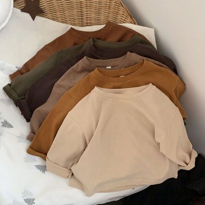 新款咔叽色系韩版儿童棉长袖T恤男女宝宝亲肤宽松打底衫春秋上衣