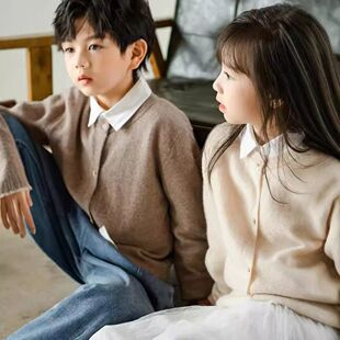新款儿童100羊毛开衫圆领秋季男童针织开衫纽扣女童纯色打底毛衣