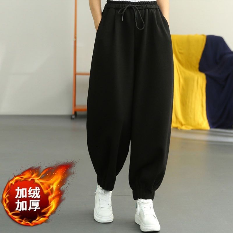 加绒加厚保暖裤子女秋冬休闲卫裤简约胖mm200斤束脚裤宽松运动裤