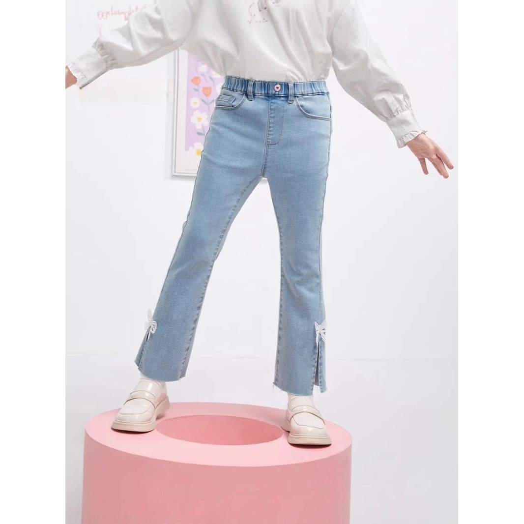 童装儿童裤子春秋女童牛仔裤中大童宝宝微喇叭裤弹力长裤微弹力