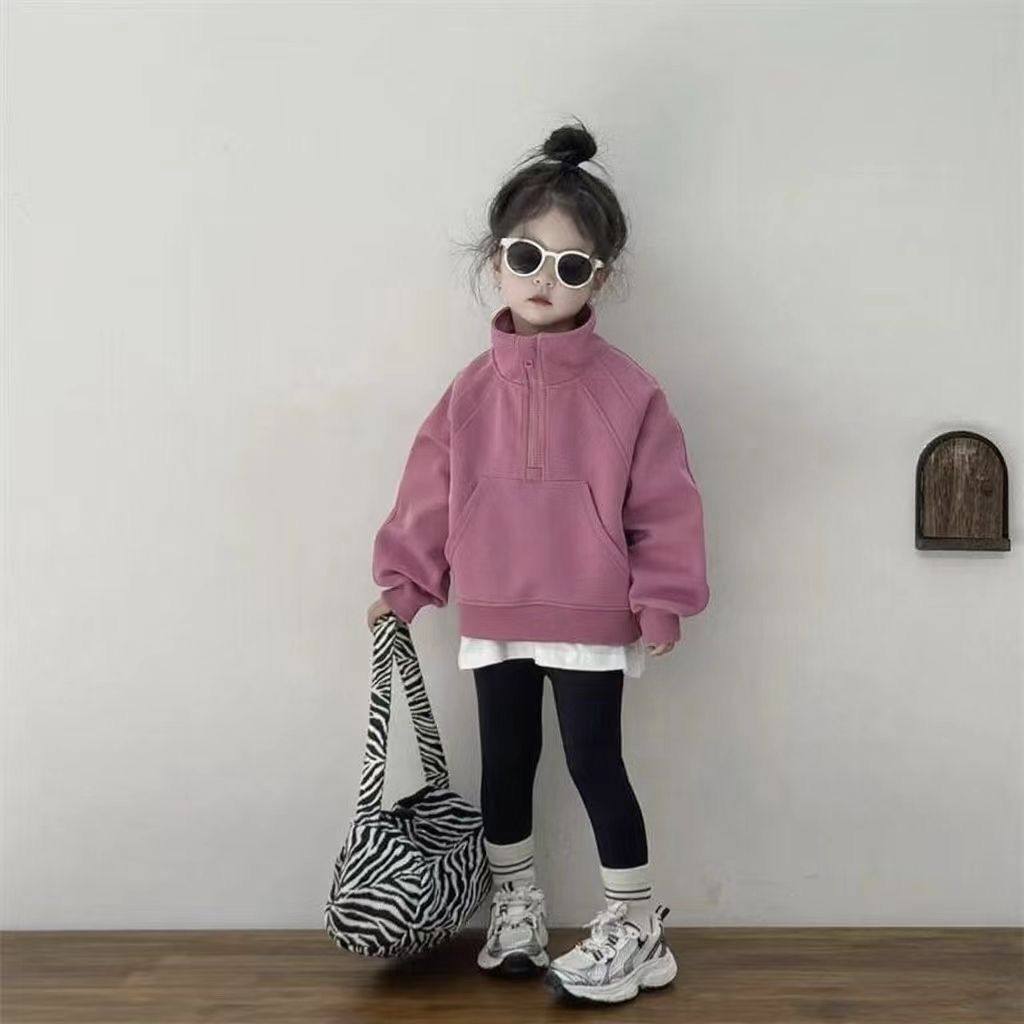 儿童洋气韩版长袖运动卫衣新款女童秋冬加绒半拉链休闲套头上衣