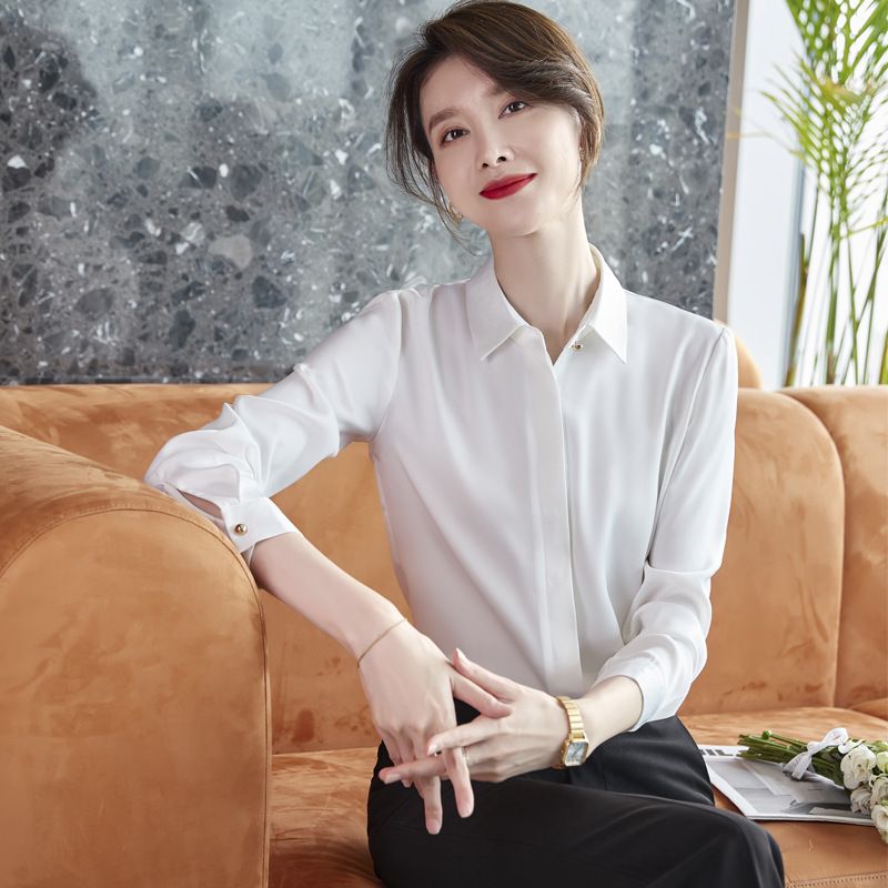 秋免烫翻领长袖衬衫女职业装开衫纯色休闲时尚简约白衬衣