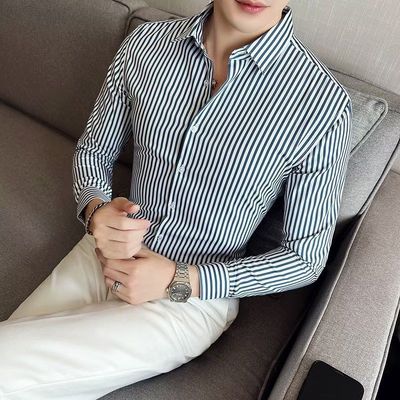 春夏条纹长袖衬衫男学生韩版黑白格子衬衣男修身百搭潮流休闲寸衫