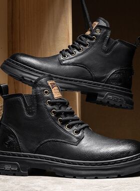 冬季加绒马丁靴男潮流皮鞋英伦风复古工装短靴高帮系带鞋厚底