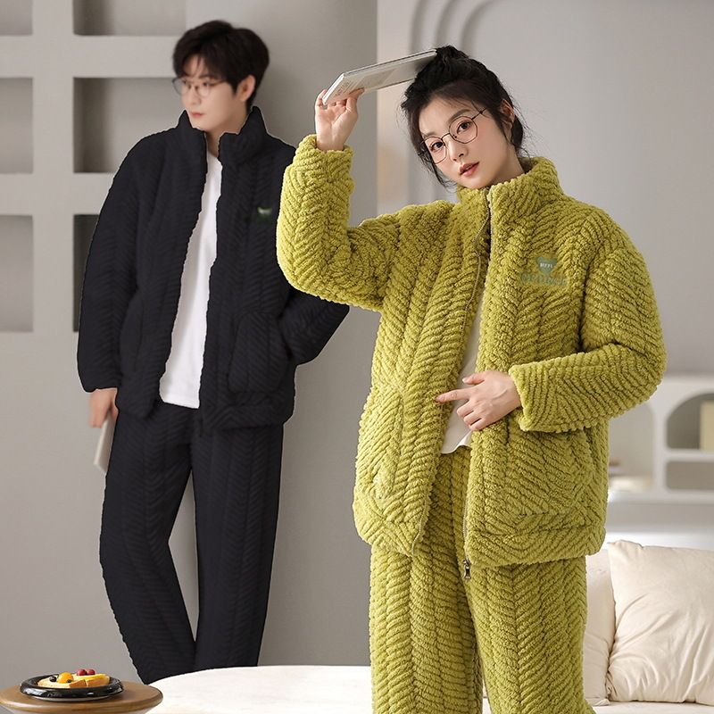 冬季女睡衣珊瑚绒家居服加绒加厚直播棉袄长袖男套装三层情侣夹棉