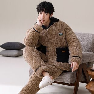 珊瑚绒睡衣男秋冬季加绒加厚三层夹棉青少年冬天保暖家居服两件套