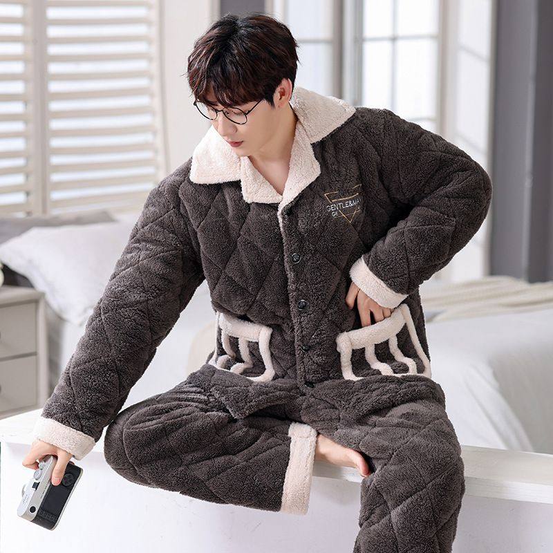 加肥加大码睡衣男冬季加厚加绒三层珊瑚绒夹棉300斤肥佬开衫套装