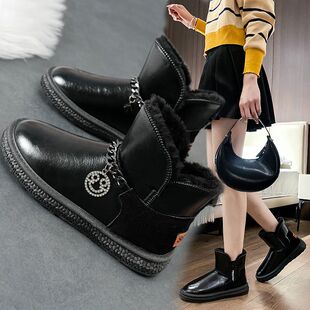 雪地靴女秋季新款冬季加绒高帮厚底女鞋休闲运动白色马丁短靴