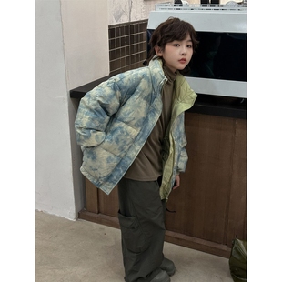 2025特价儿童羽绒服男女中大童白鸭绒扎染立领短款冬装外套潮充绒