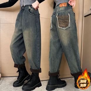 儿童裤 女童加绒牛仔裤 宽松加厚冬季 中大童时髦冬款 子 秋冬2025新款